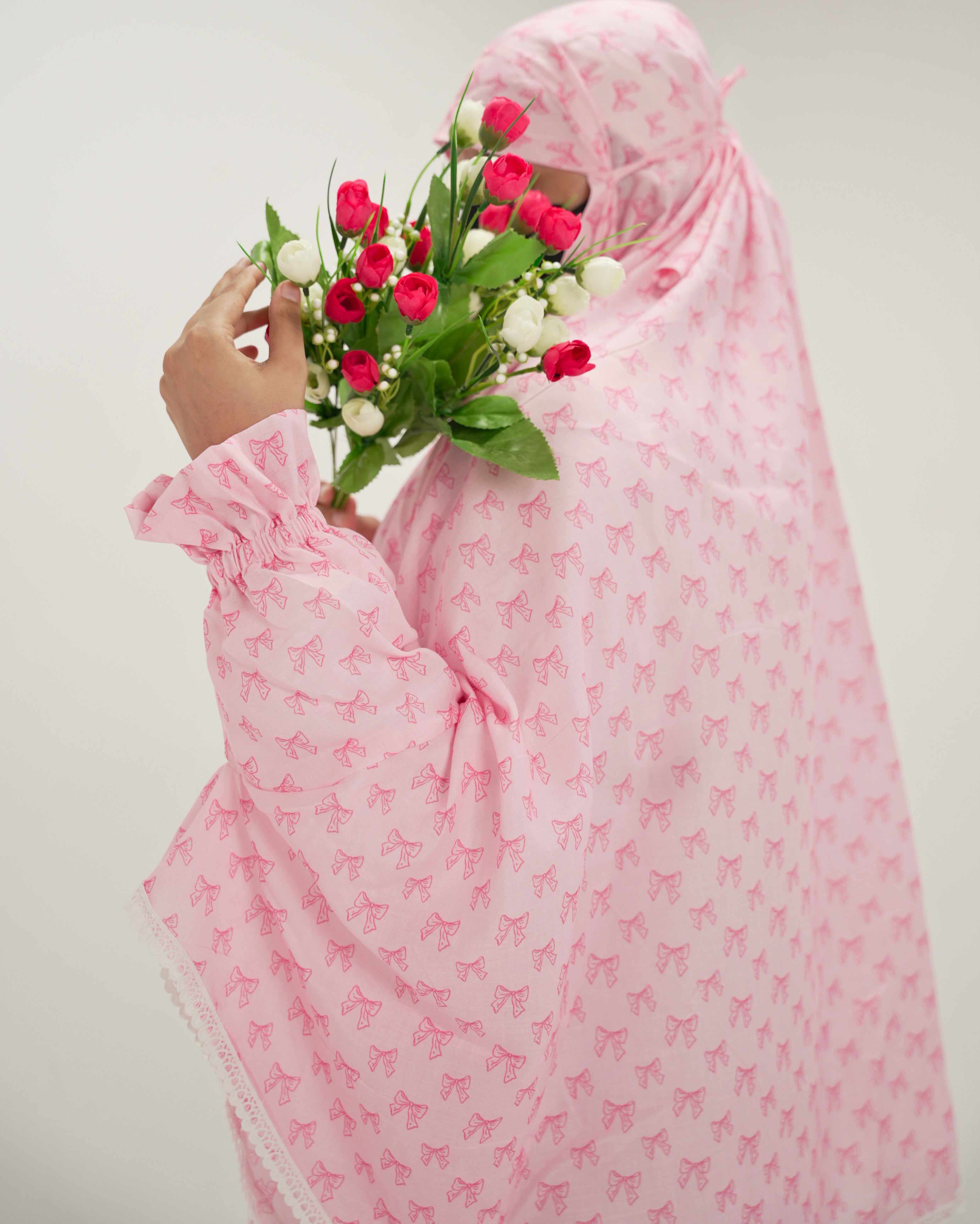 Zayn | Pink Bow Print Cotton Namaz Makhna - With Sleeves