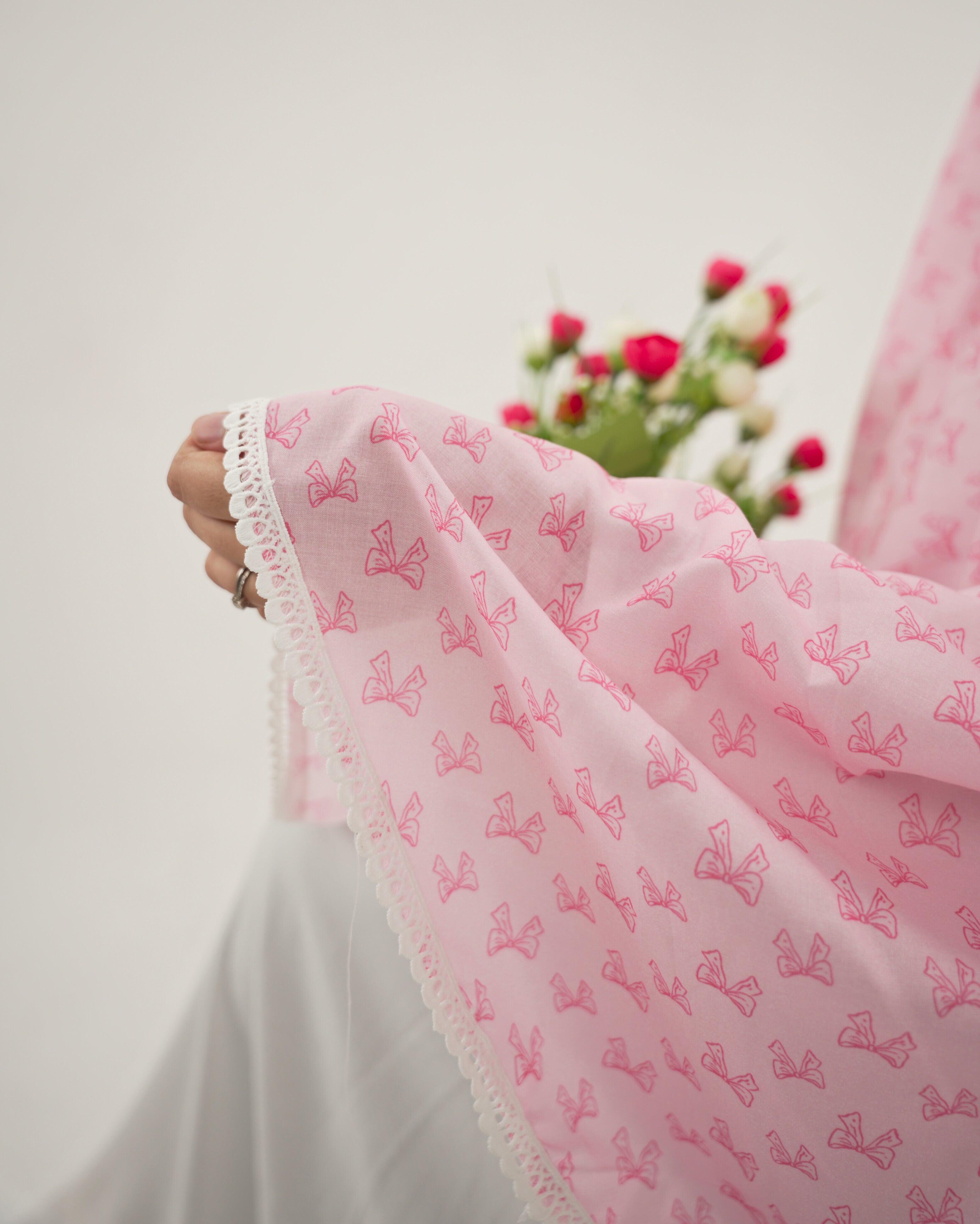 Zayn | Pink Bow Print Cotton Namaz Makhna - Without Sleeves