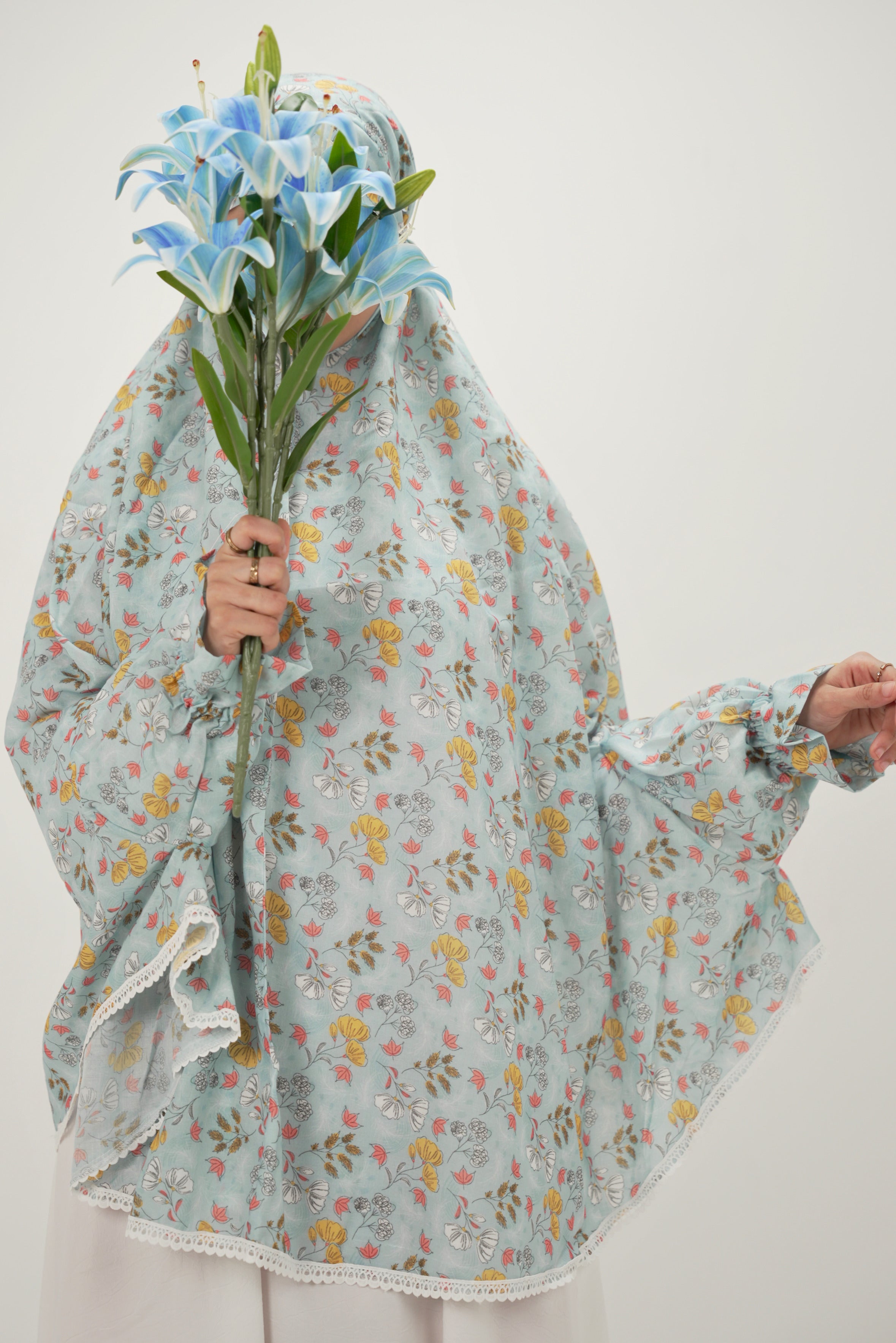 Yasmin | Blue Floral Cotton Namaz Makhna - With Sleeves
