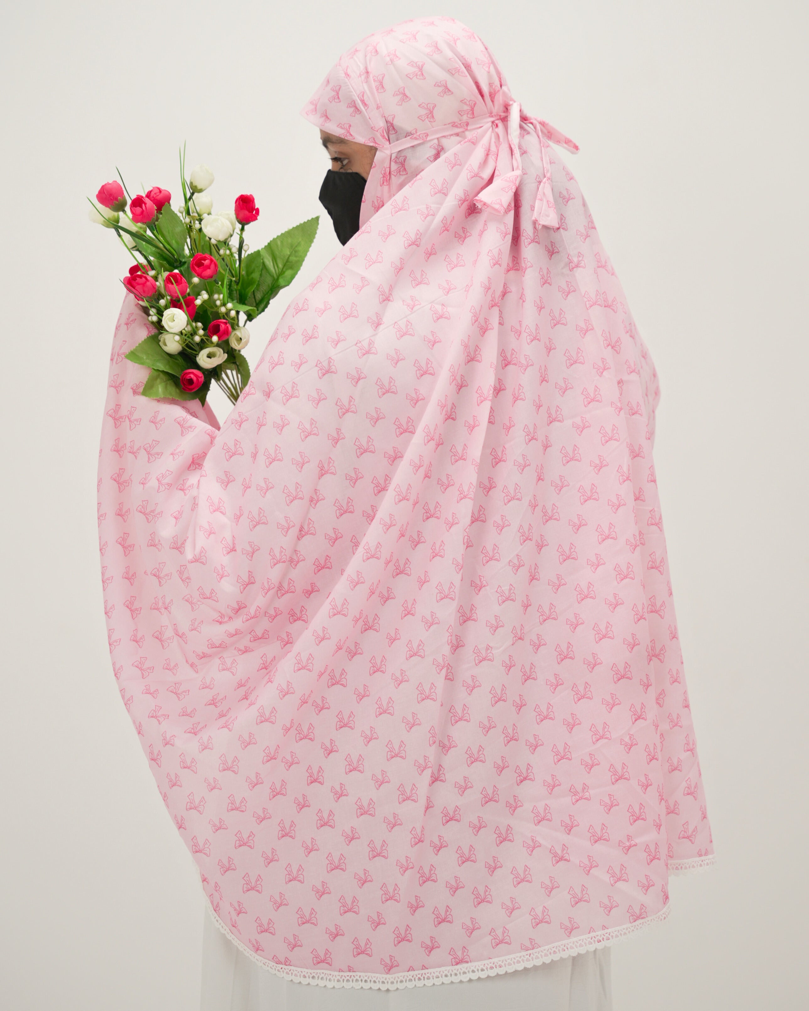 Zayn | Pink Bow Print Cotton Namaz Makhna - Without Sleeves