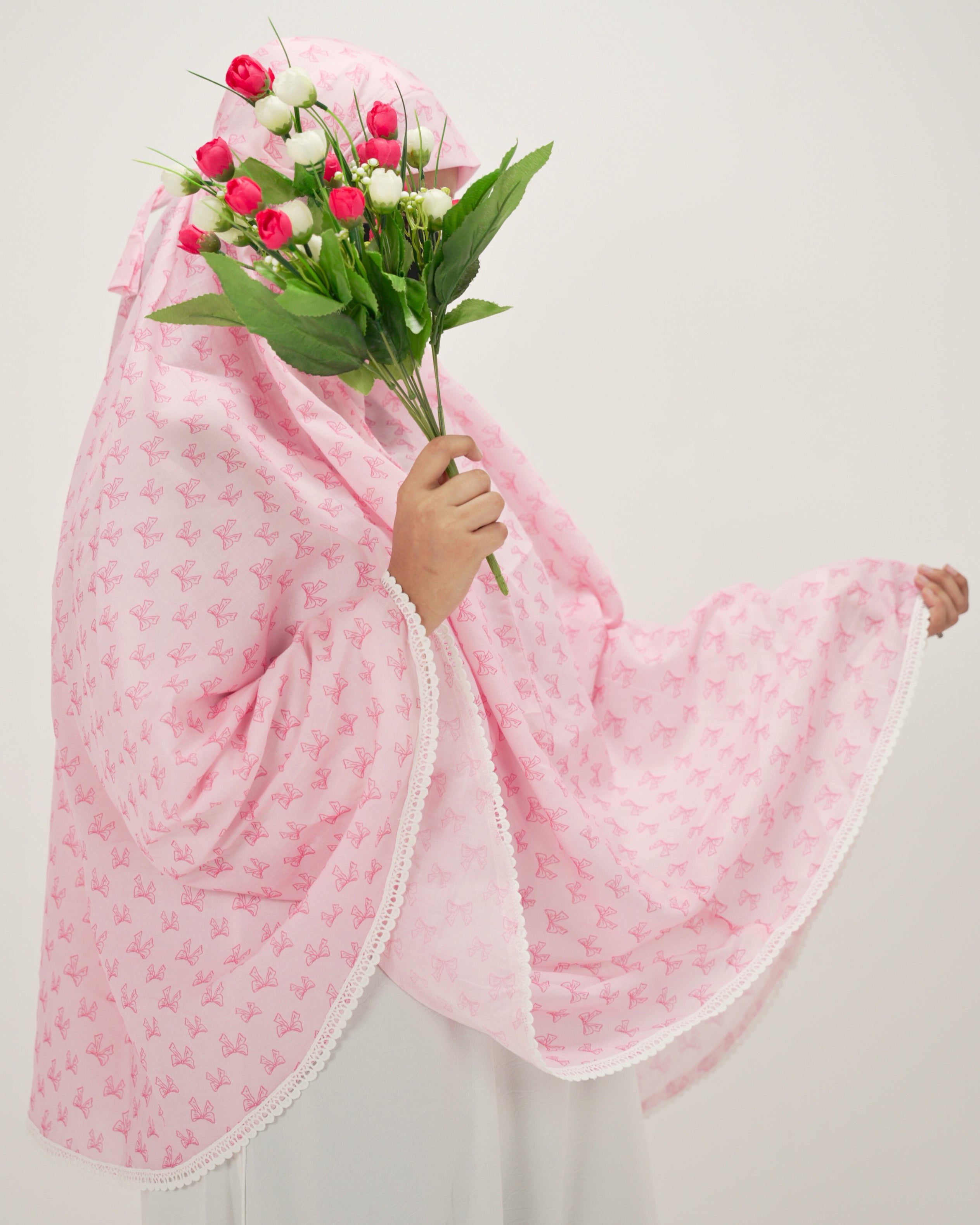 Zayn | Pink Bow Print Cotton Namaz Makhna - Without Sleeves
