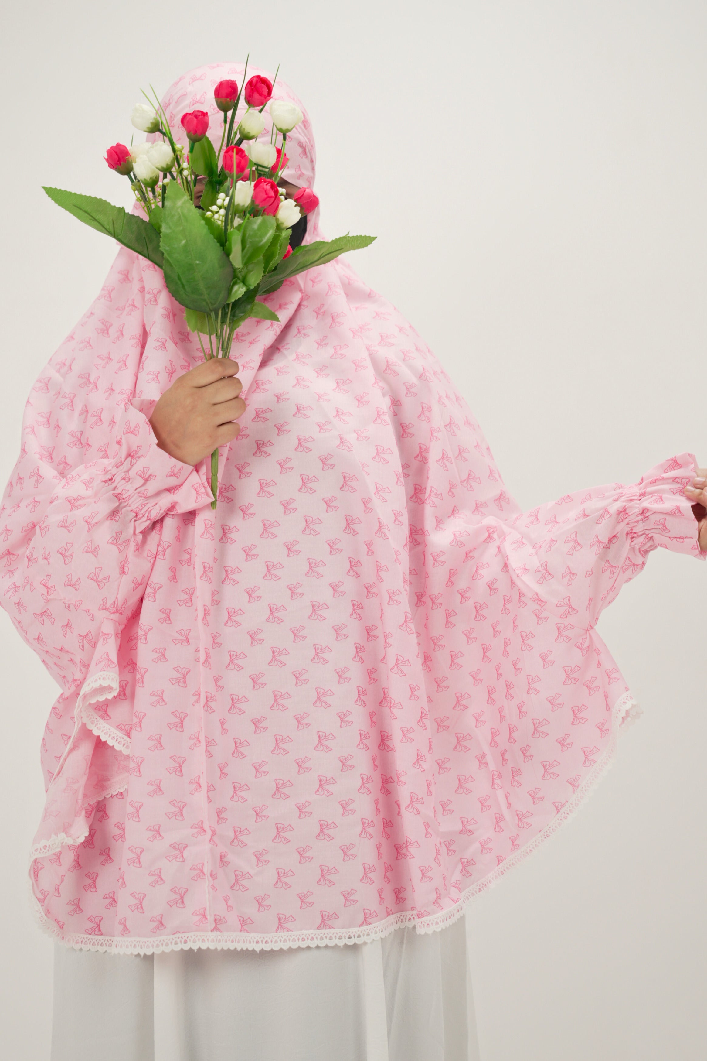Zayn | Pink Bow Print Cotton Namaz Makhna - With Sleeves