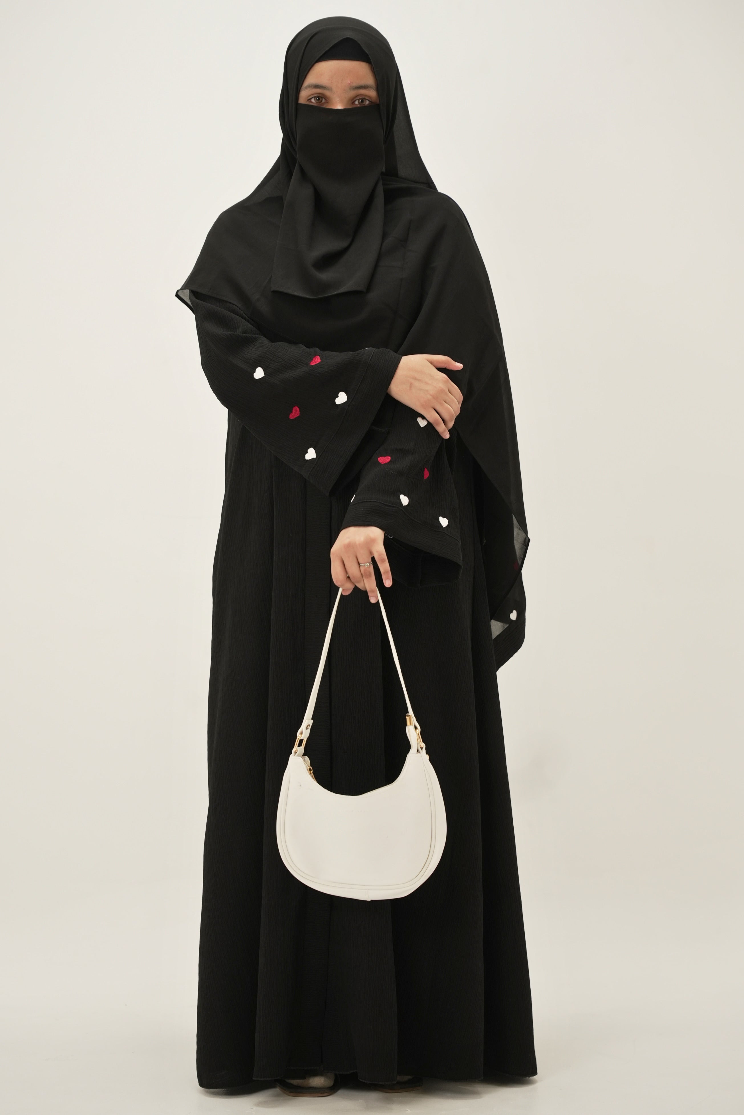 Zoya | Heart Embroidery Abaya - Midnight Black