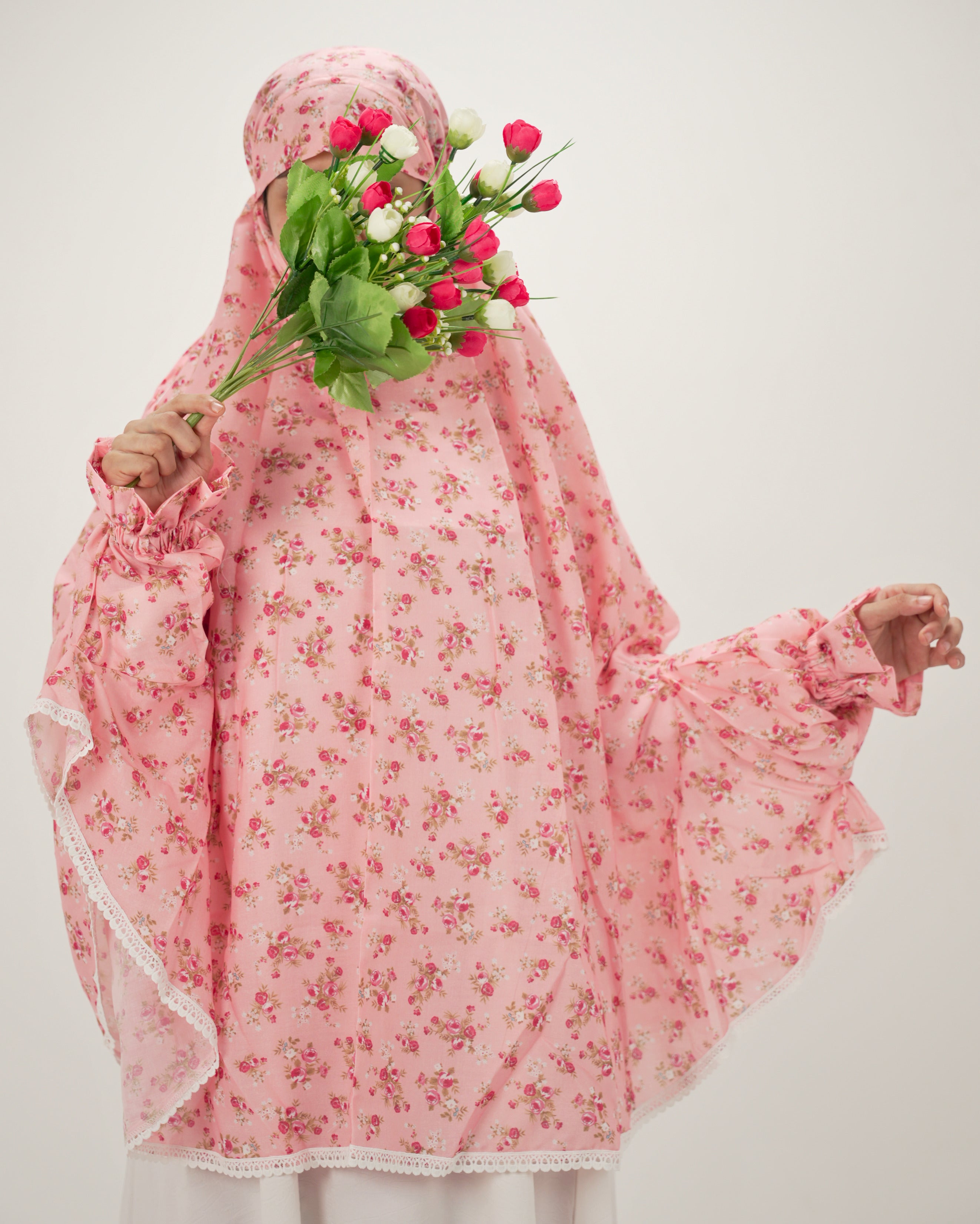 Safa | Peach Floral Cotton Namaz Makhna - With Sleeves