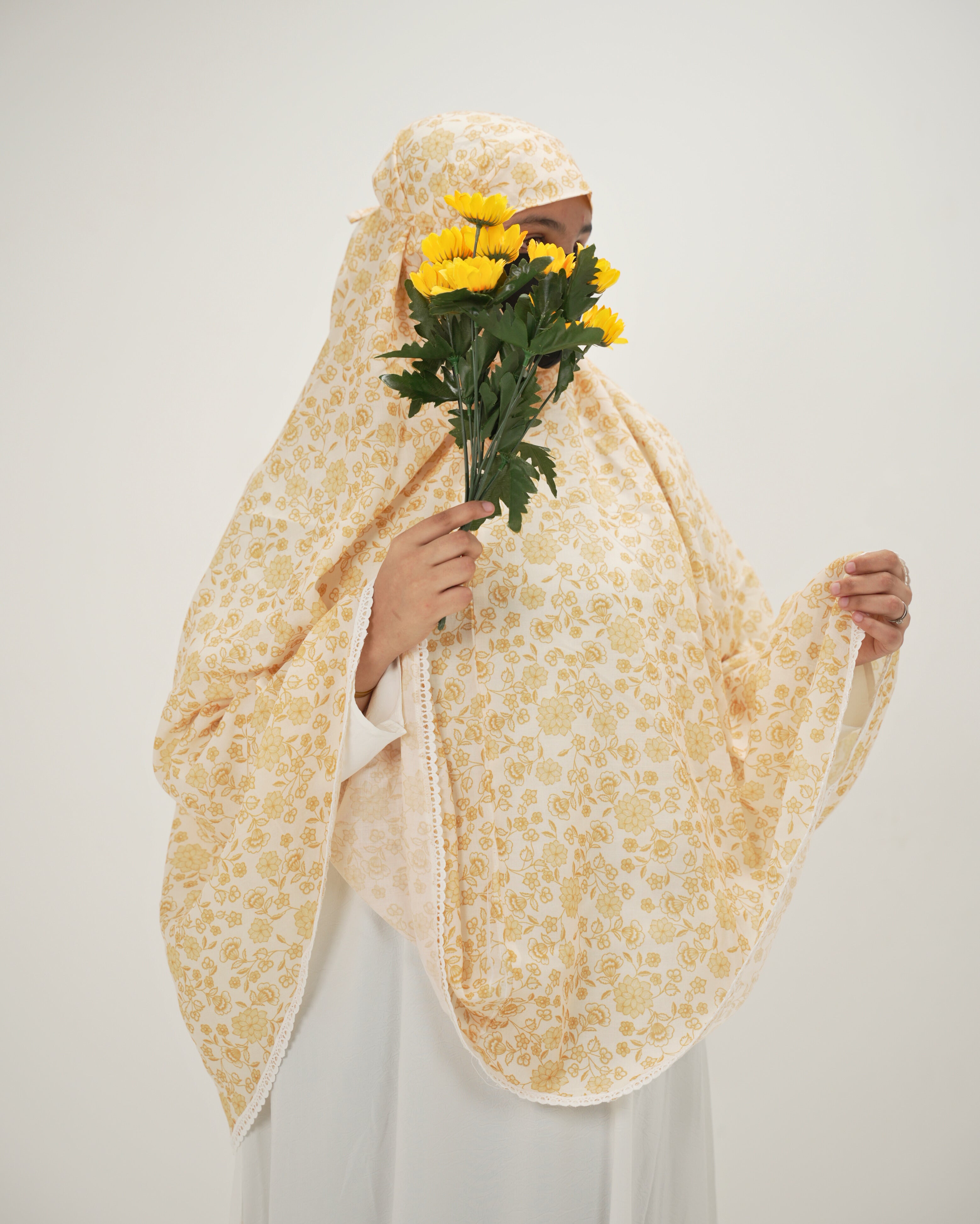 Yellow floral cotton namaz khimar 