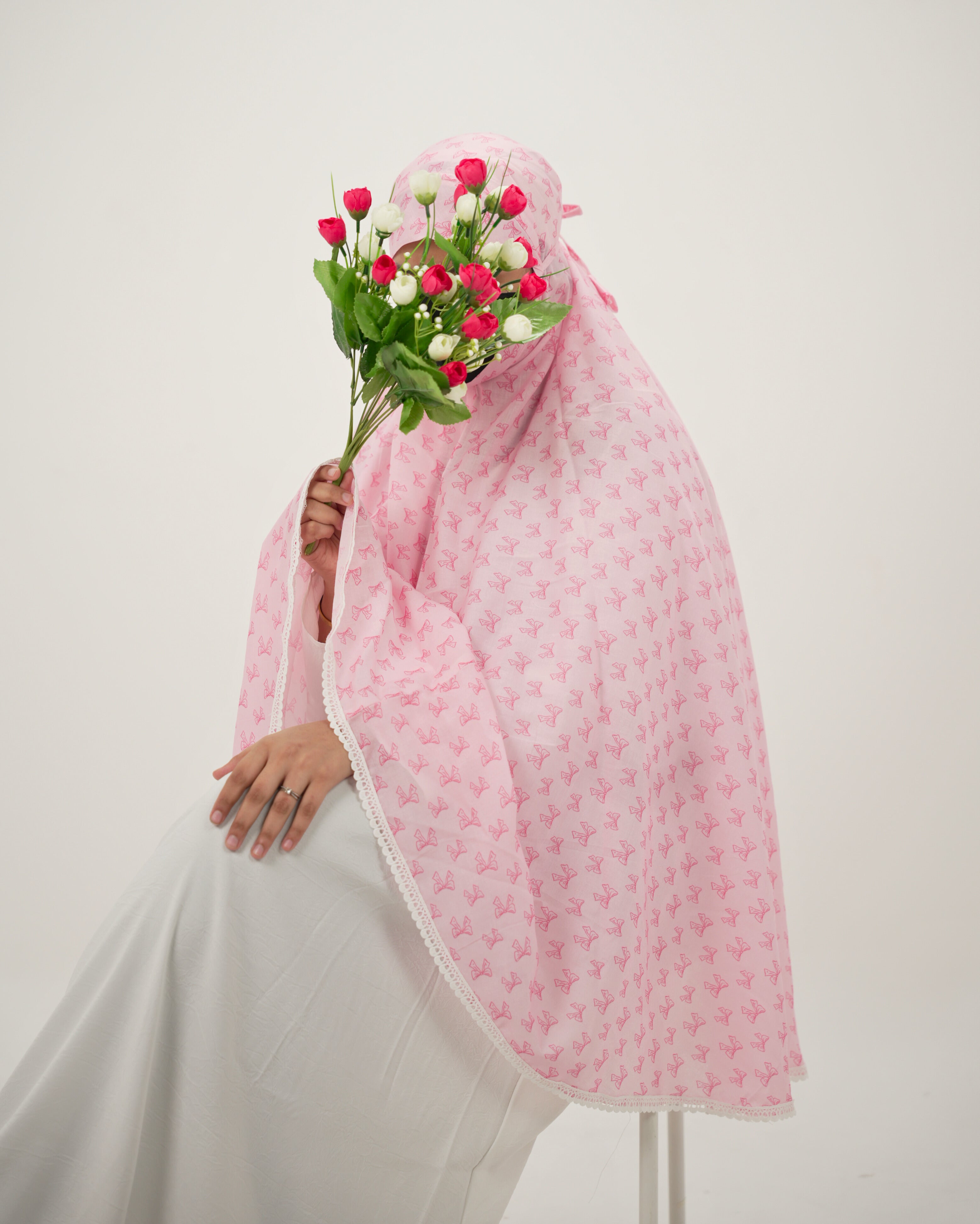 Zayn | Pink Bow Print Cotton Namaz Makhna - Without Sleeves