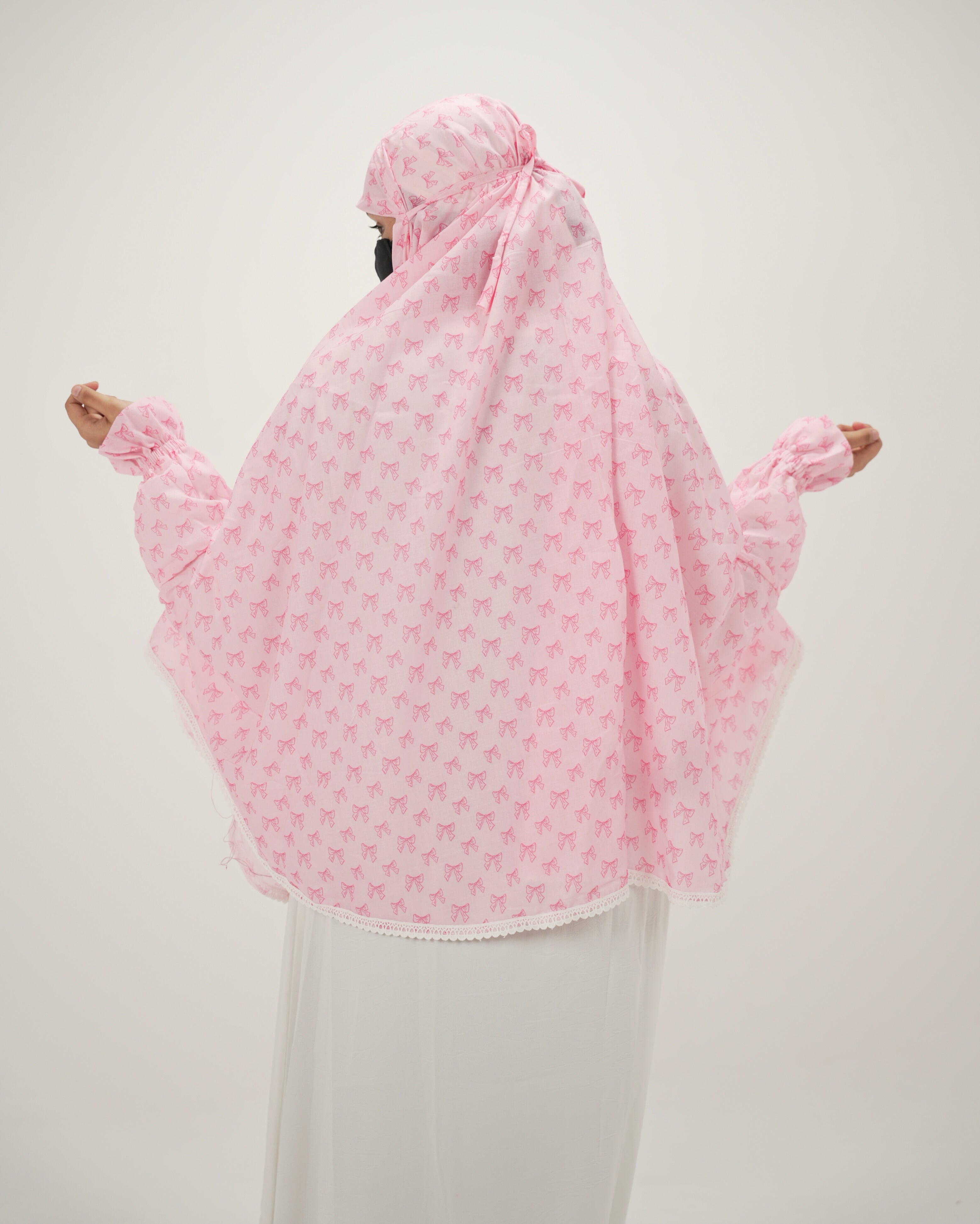 Zayn | Pink Bow Print Cotton Namaz Makhna - With Sleeves