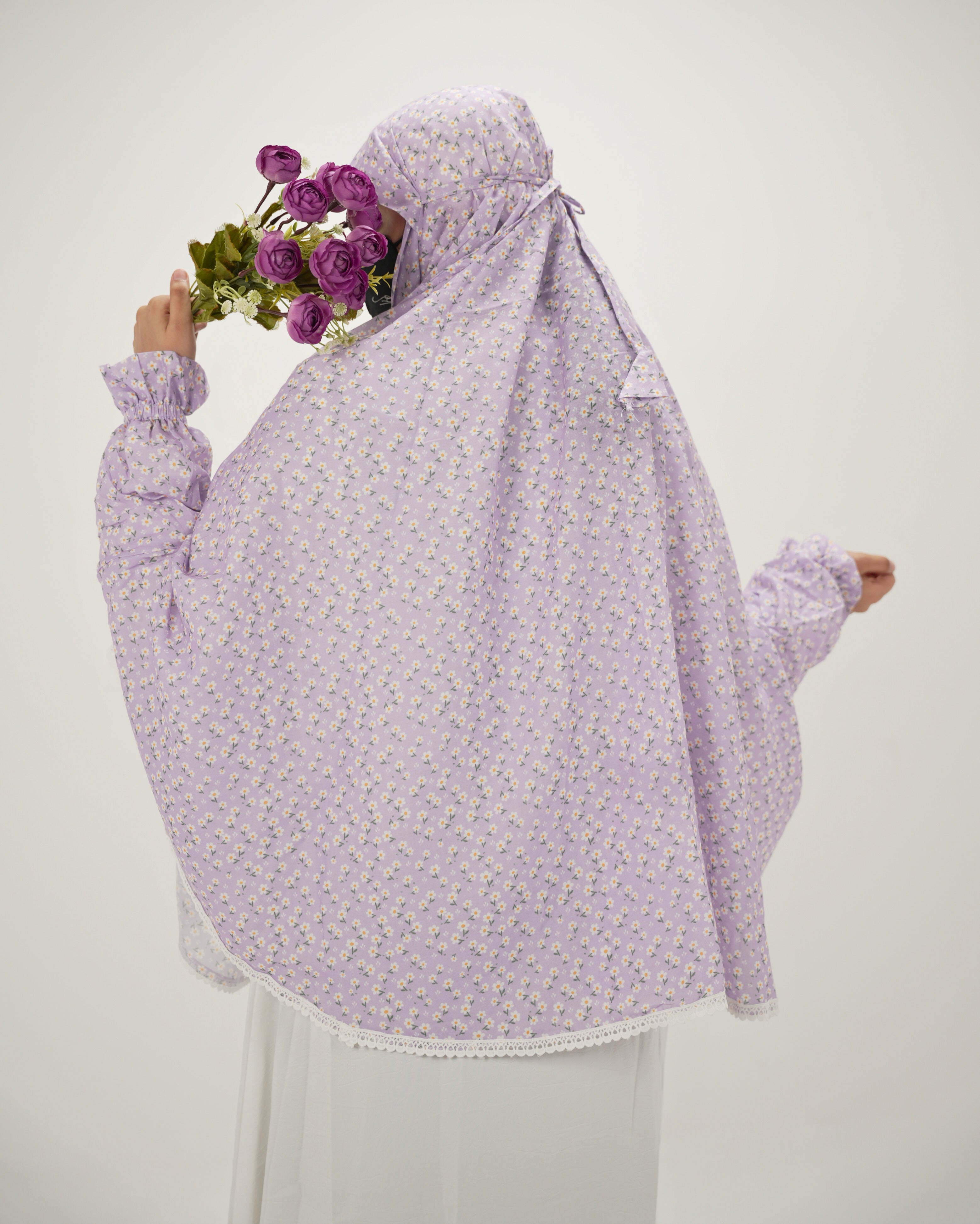Khuzama | Lavender Floral Cotton Namaz Makhna - With Sleeves