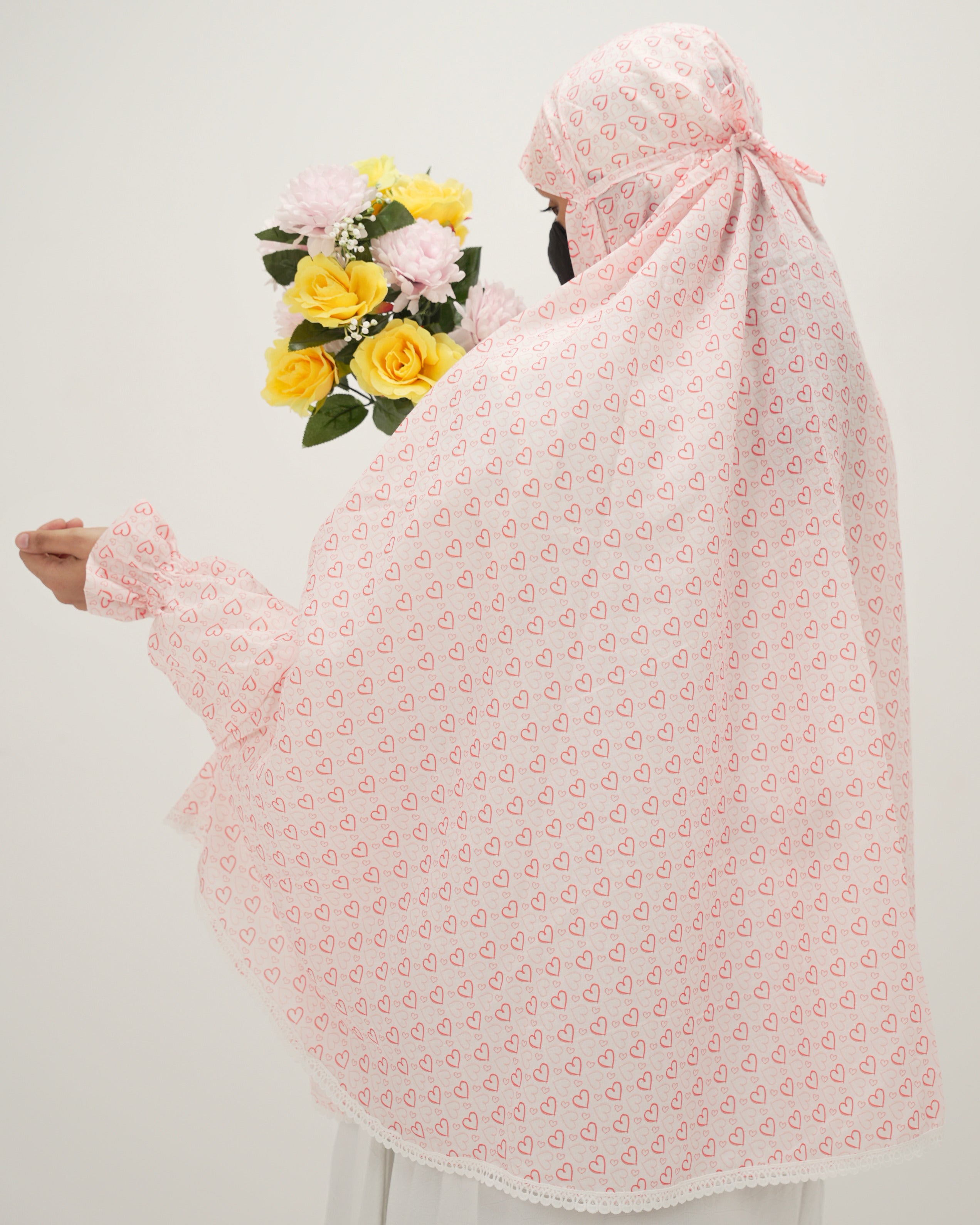 Habiba | Hearts Print Cotton Namaz Makhna - With Sleeves