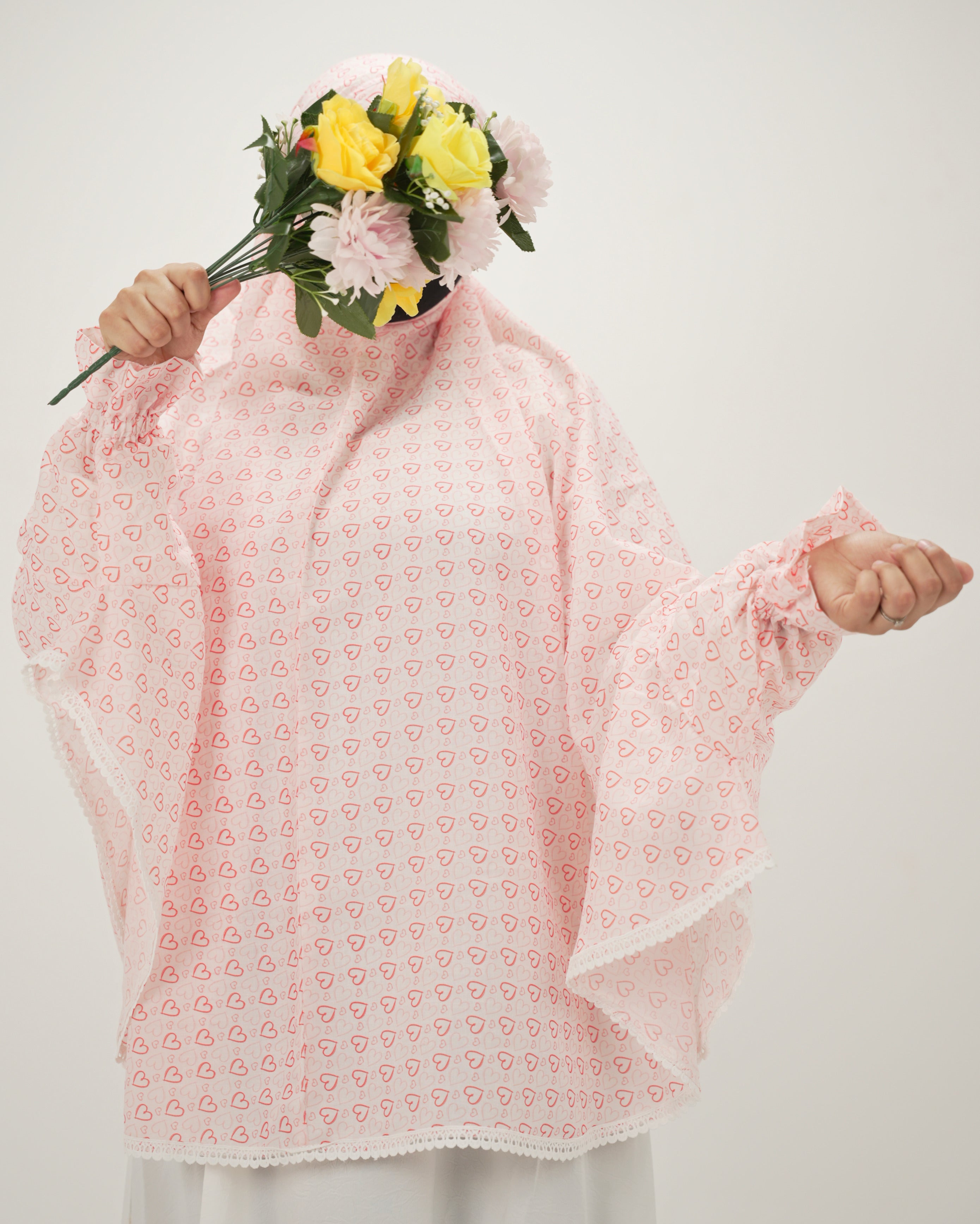 Habiba | Hearts Print Cotton Namaz Makhna - With Sleeves