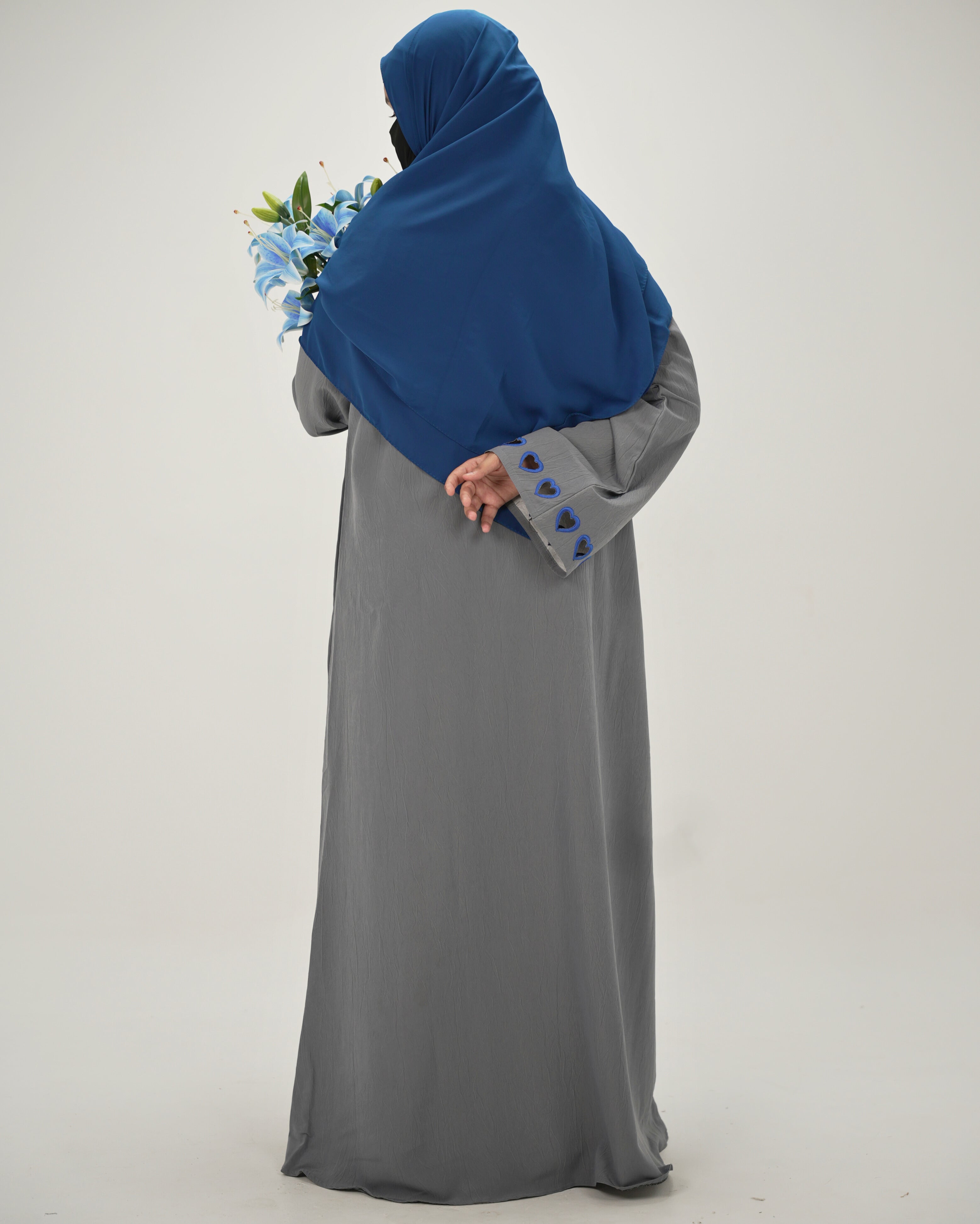 Noorain | Heart Cutwork Embroidery Abaya - Mist Grey