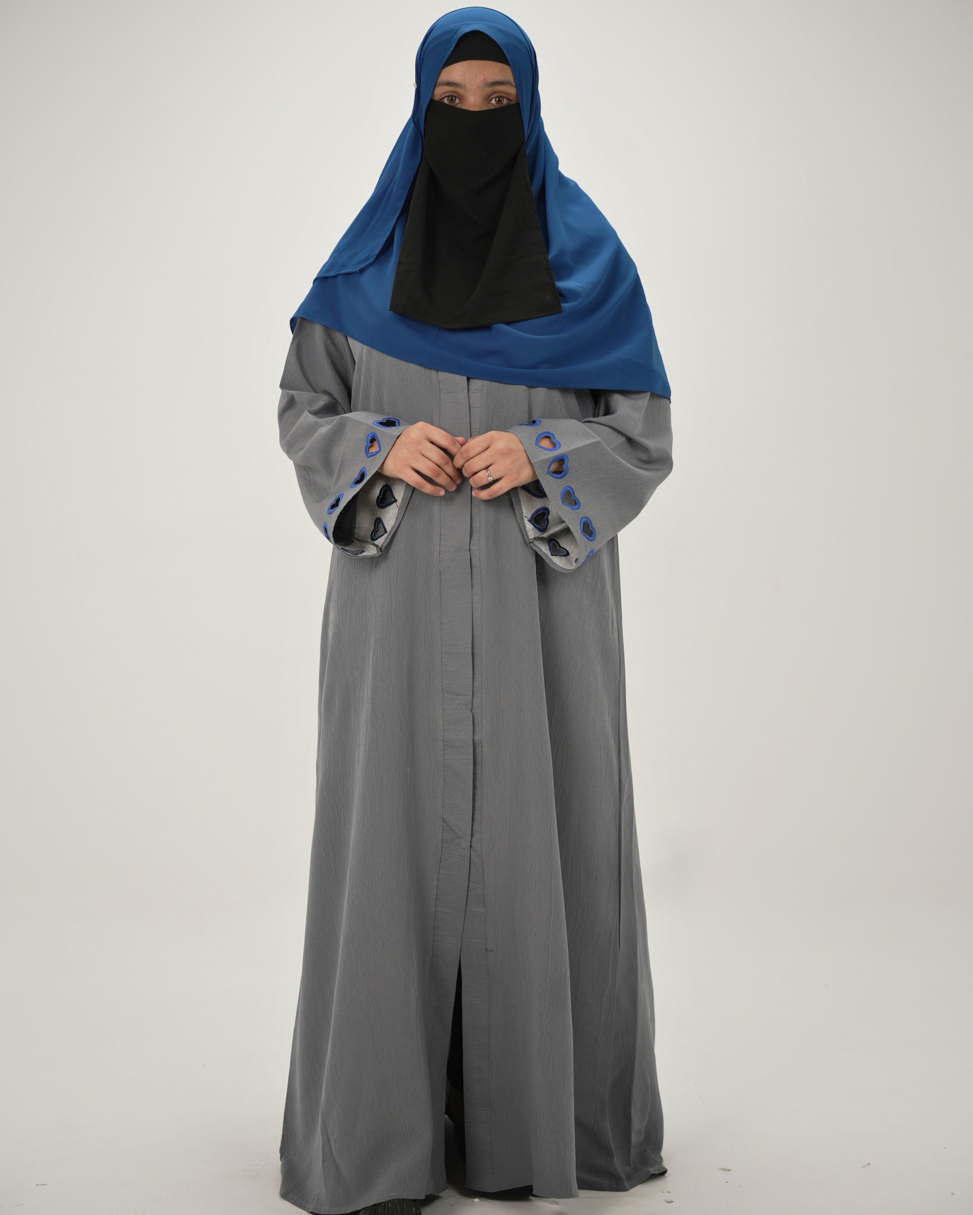 Noorain | Heart Cutwork Embroidery Abaya - Mist Grey