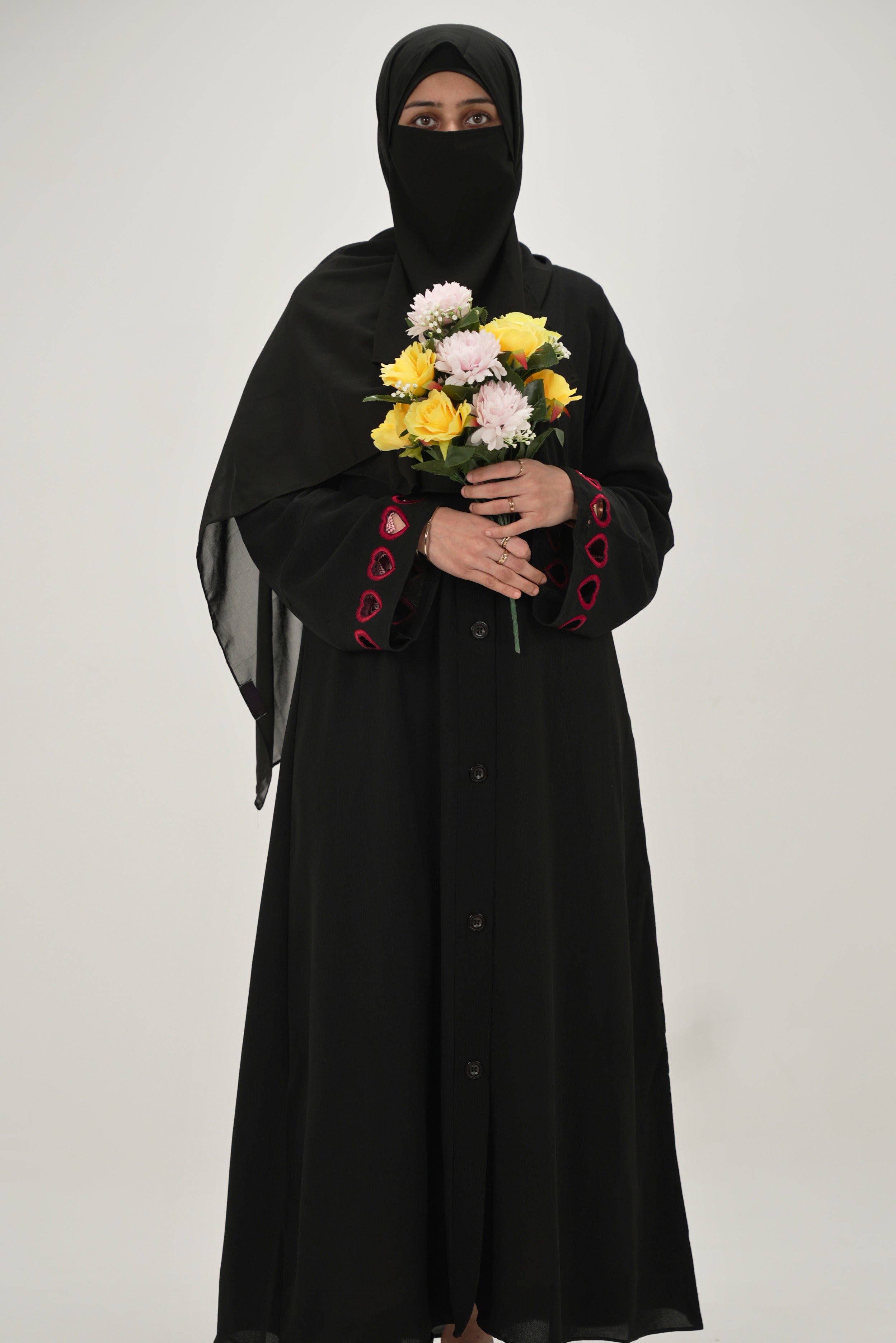 Noorain | Heart Cutwork Embroidery Abaya - Black