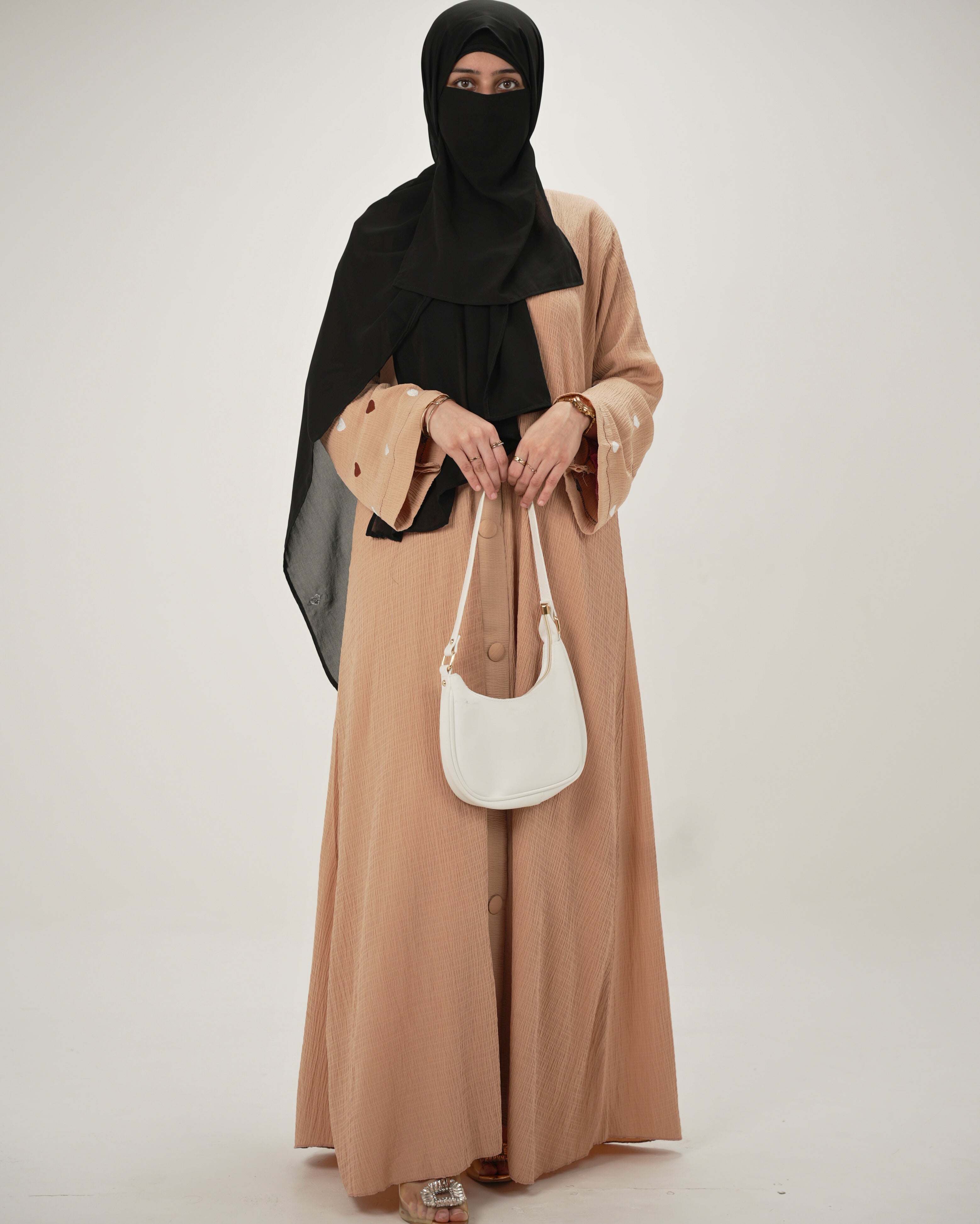 Zoya | Heart Embroidery Abaya - Sand Beige