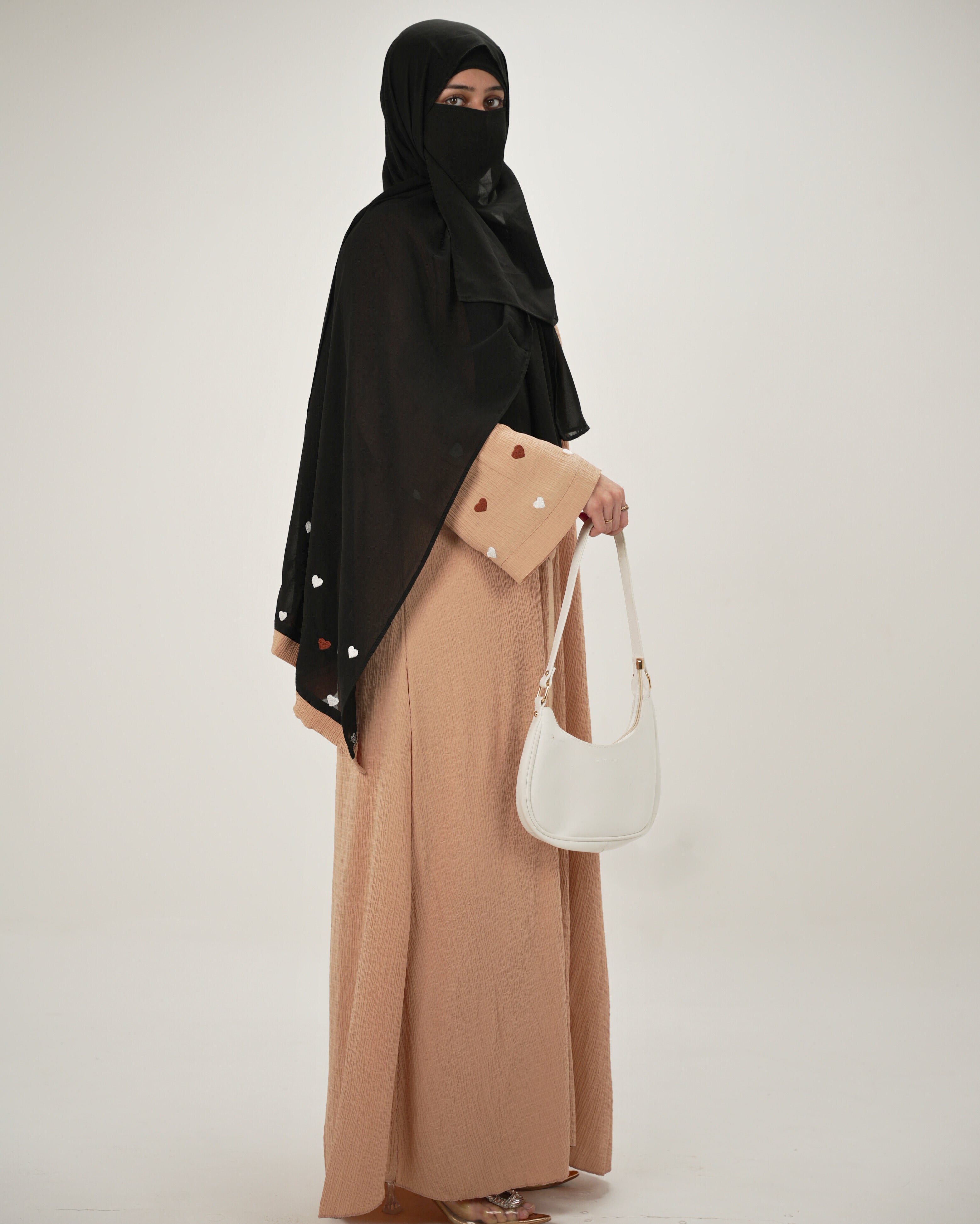 Zoya | Heart Embroidery Abaya - Sand Beige