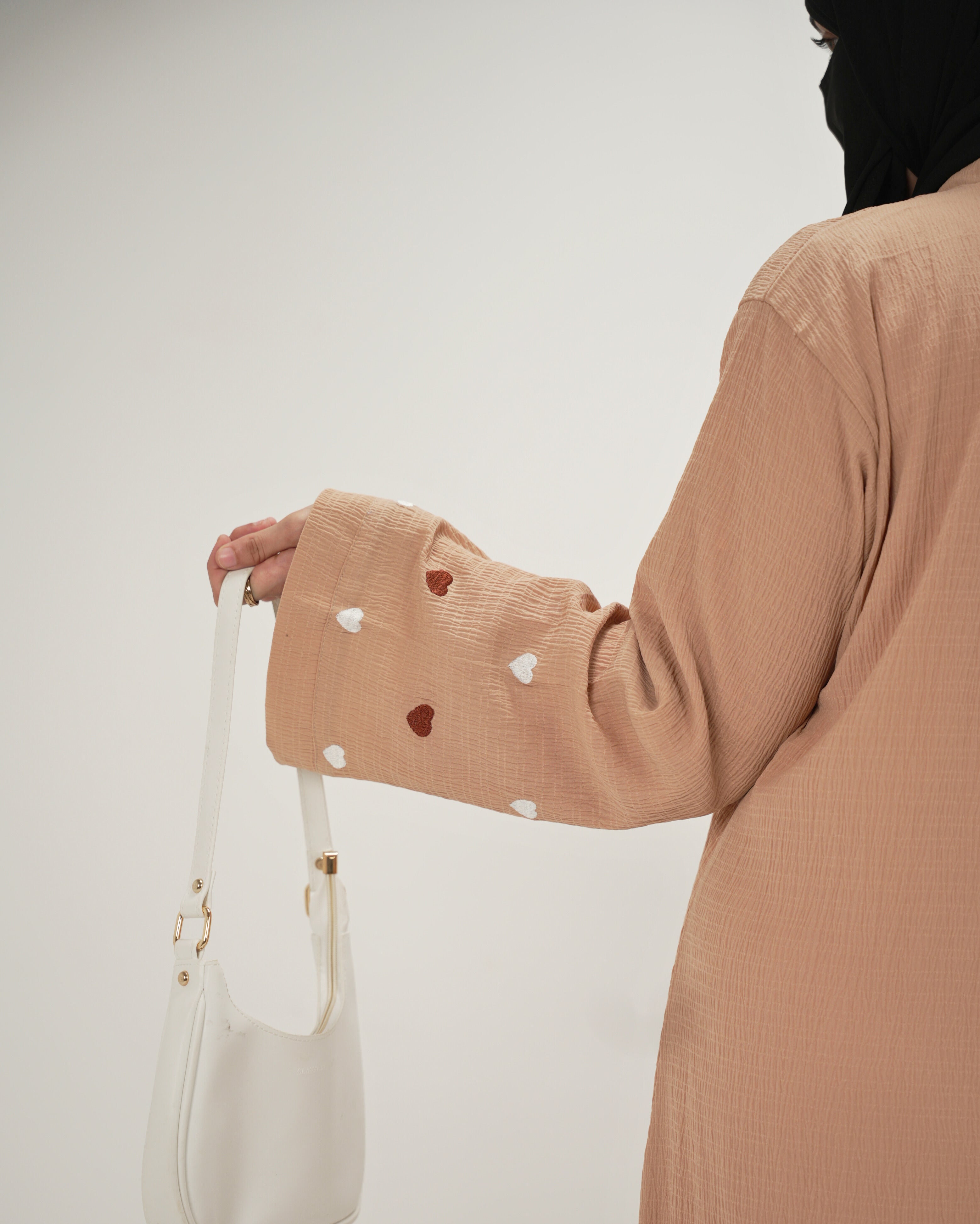 Zoya | Heart Embroidery Abaya - Sand Beige