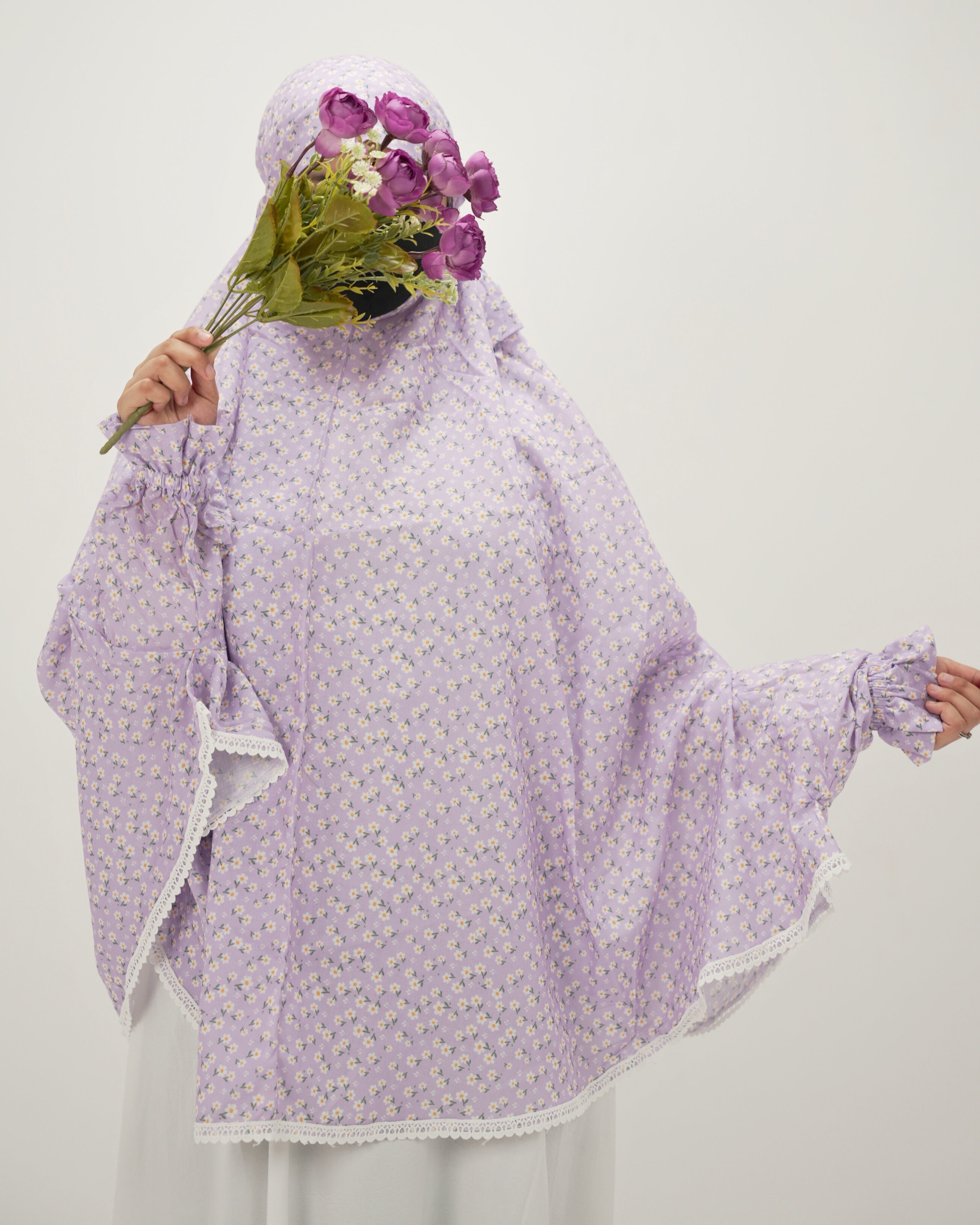 Khuzama | Lavender Floral Cotton Namaz Makhna - With Sleeves