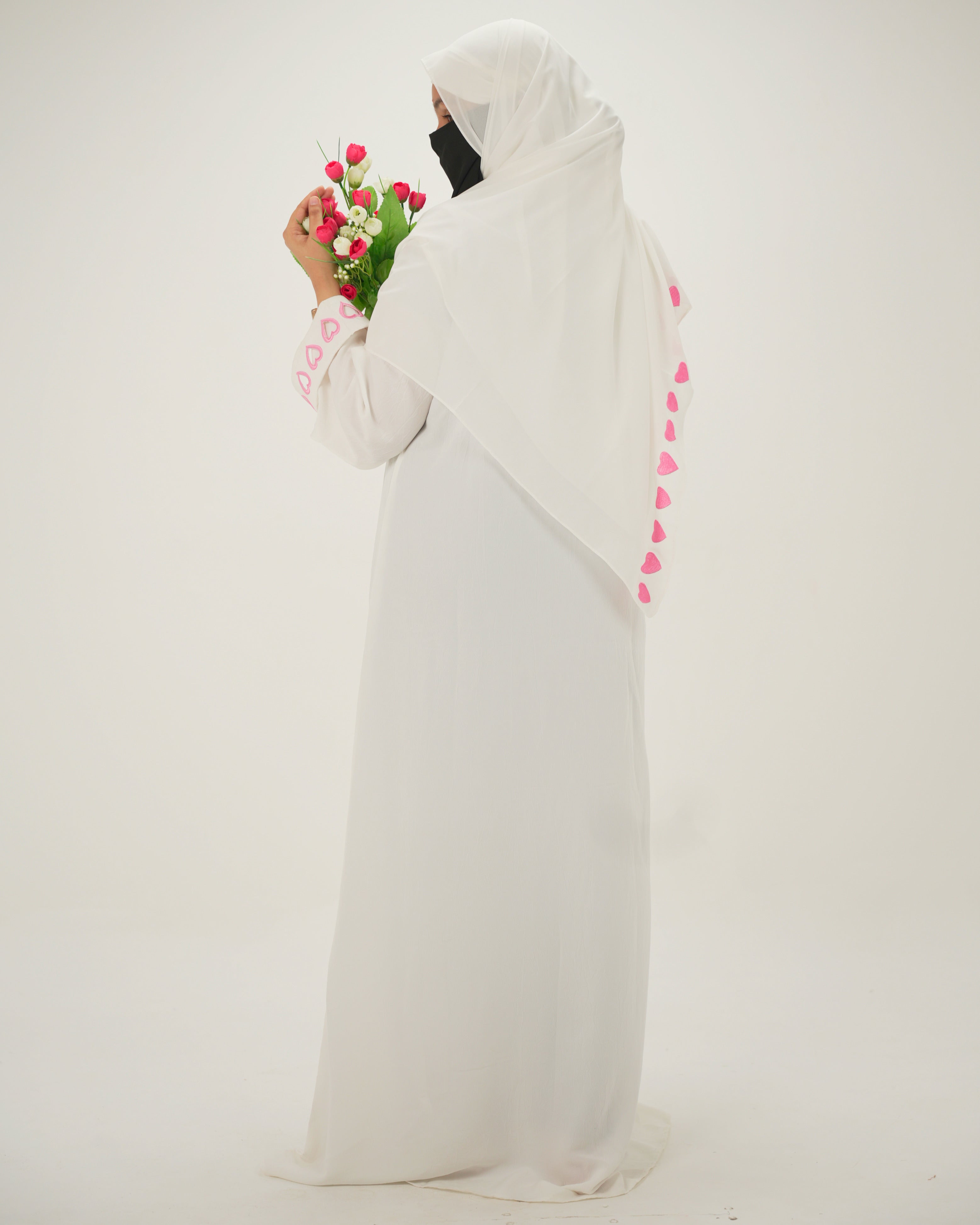 Noorain | Heart Cutwork Embroidery Abaya - White