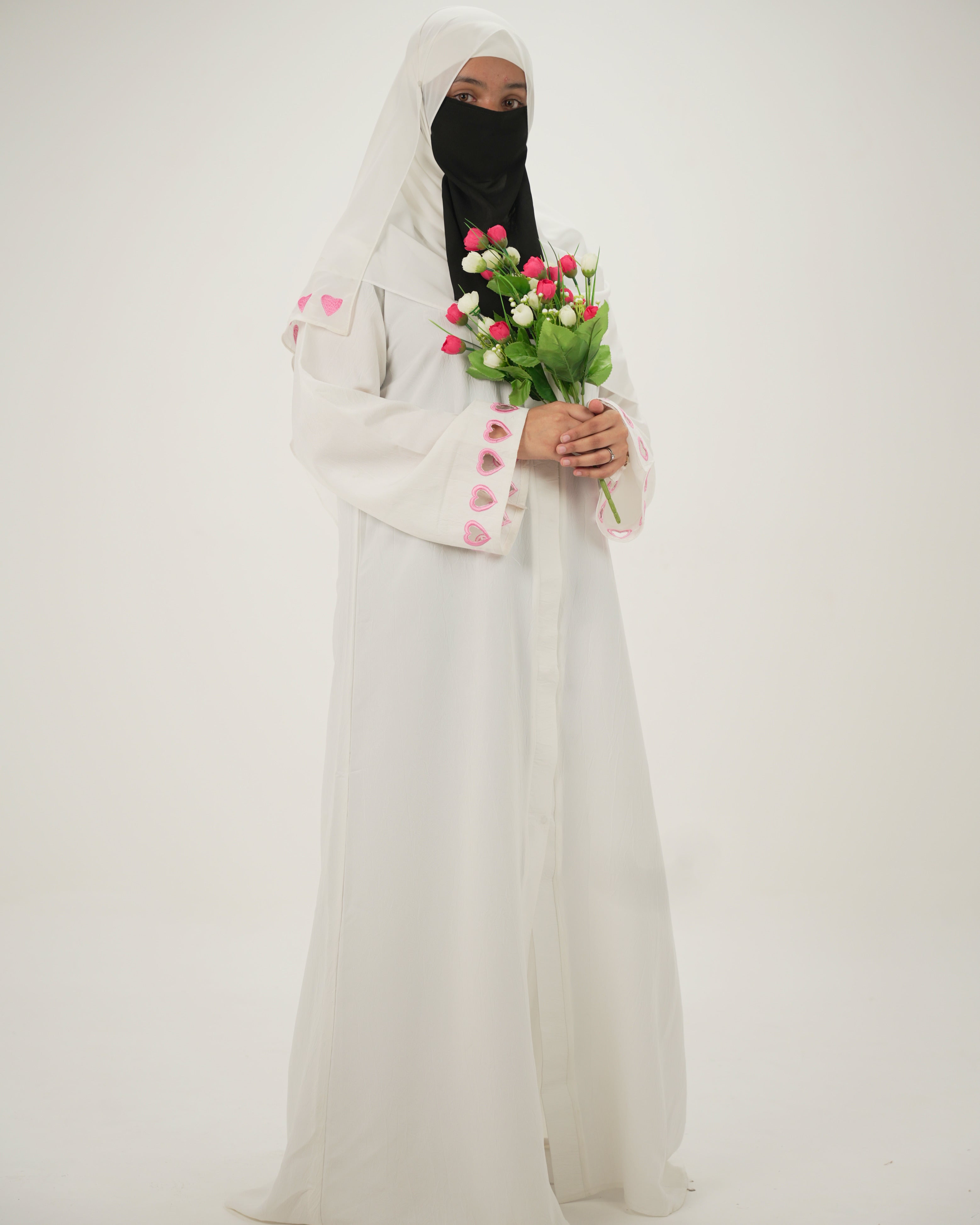 Noorain | Heart Cutwork Embroidery Abaya - White