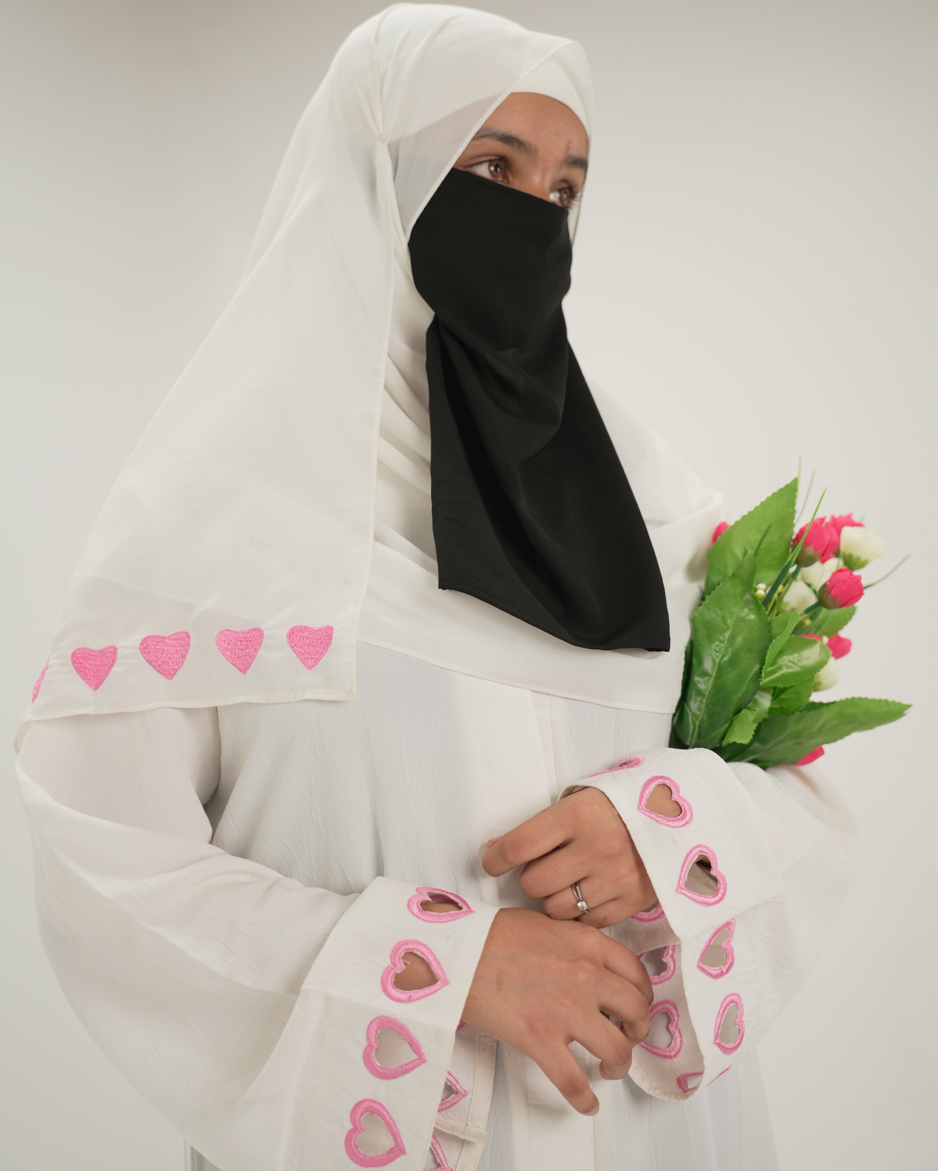 Noorain | Heart Cutwork Embroidery Abaya - White