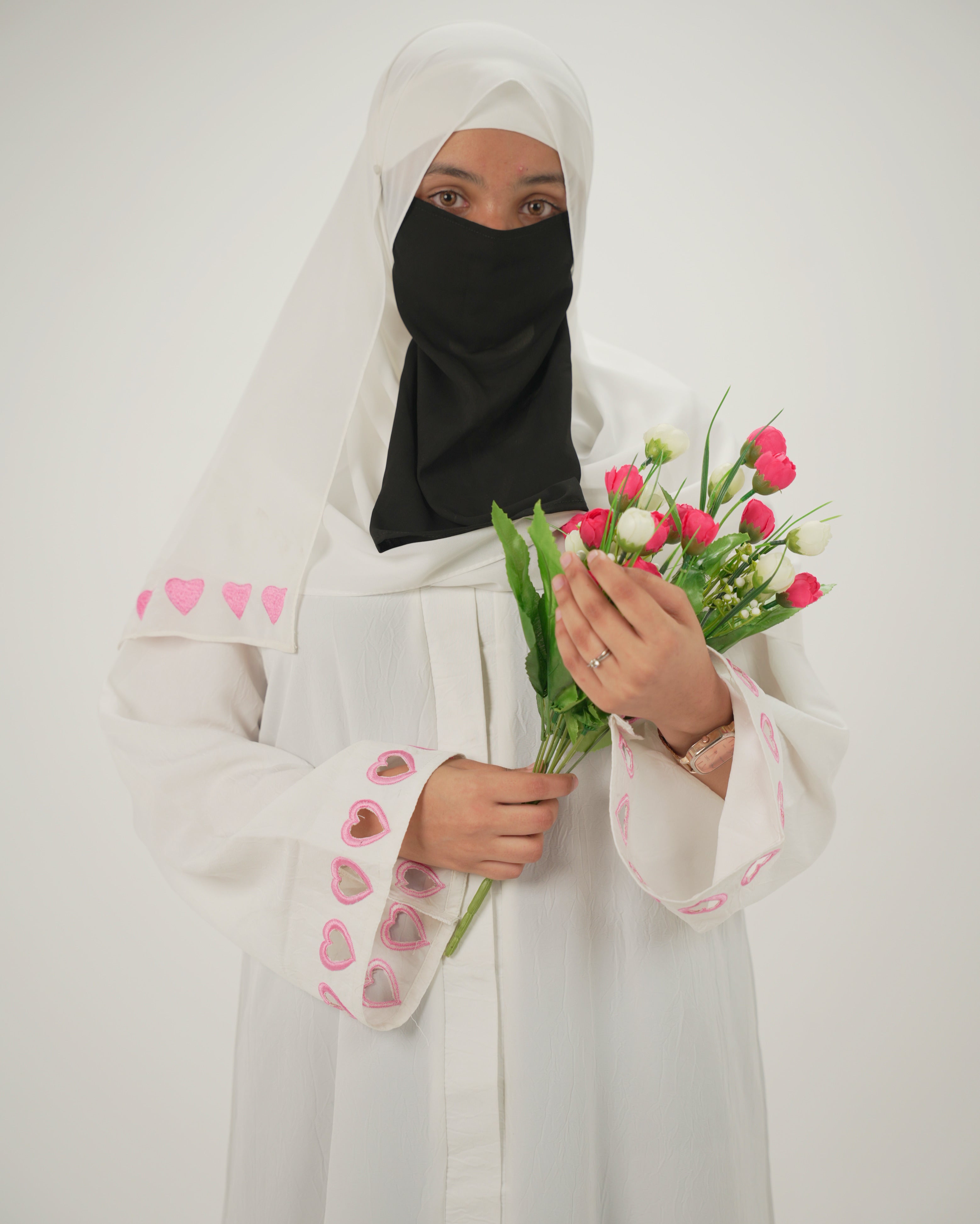 Noorain | Heart Cutwork Embroidery Abaya - White